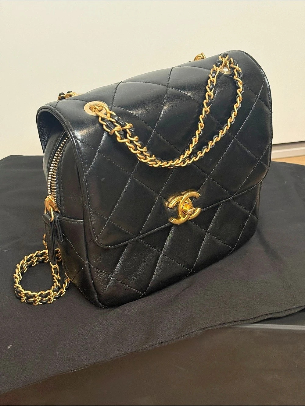 Chanel Ado Flap Backpack in black lambskin